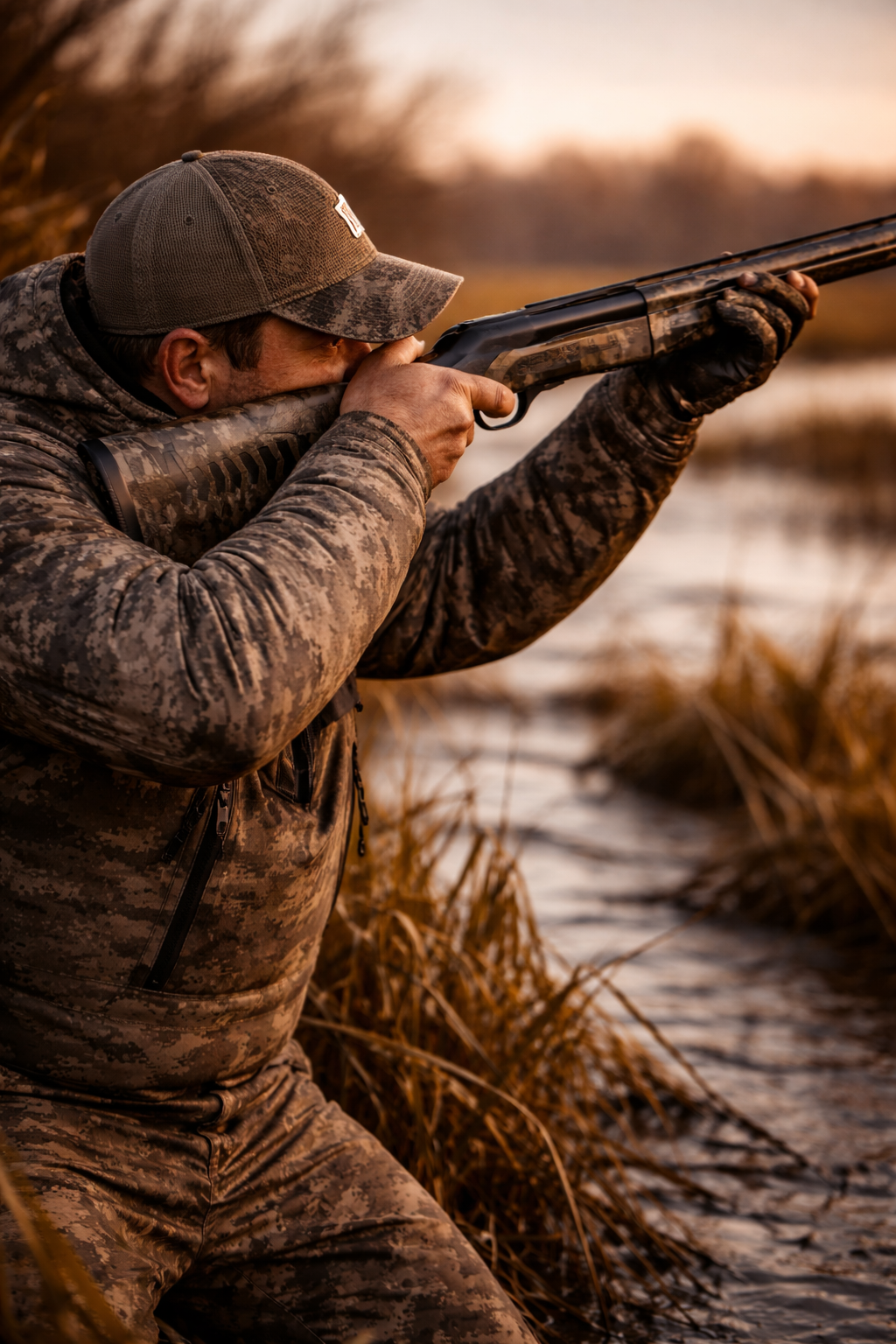 Hunter mounting Benelli SBE3 to shoulder in the field
